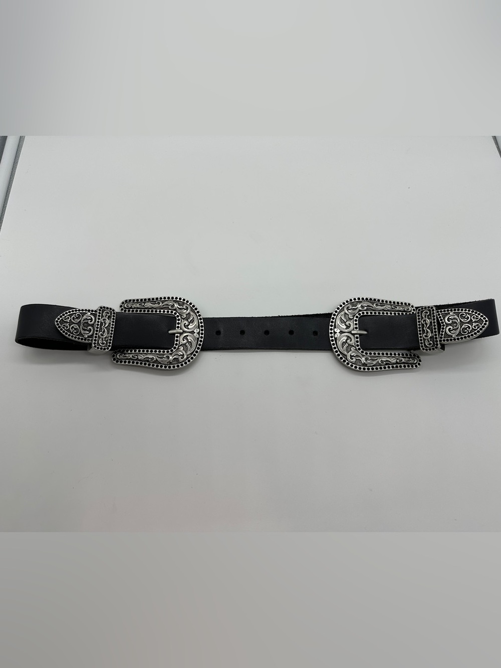 Western Double Buckle Black Leather Belt with Ornate Silver Buckles